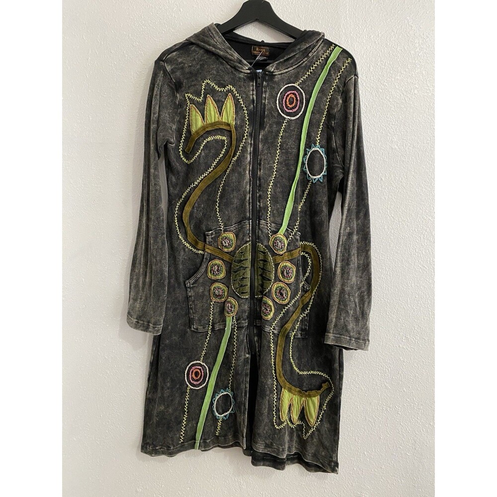 New Rising International Boho Long Zip Hoodie XL Festival Hippie Patchwork J36